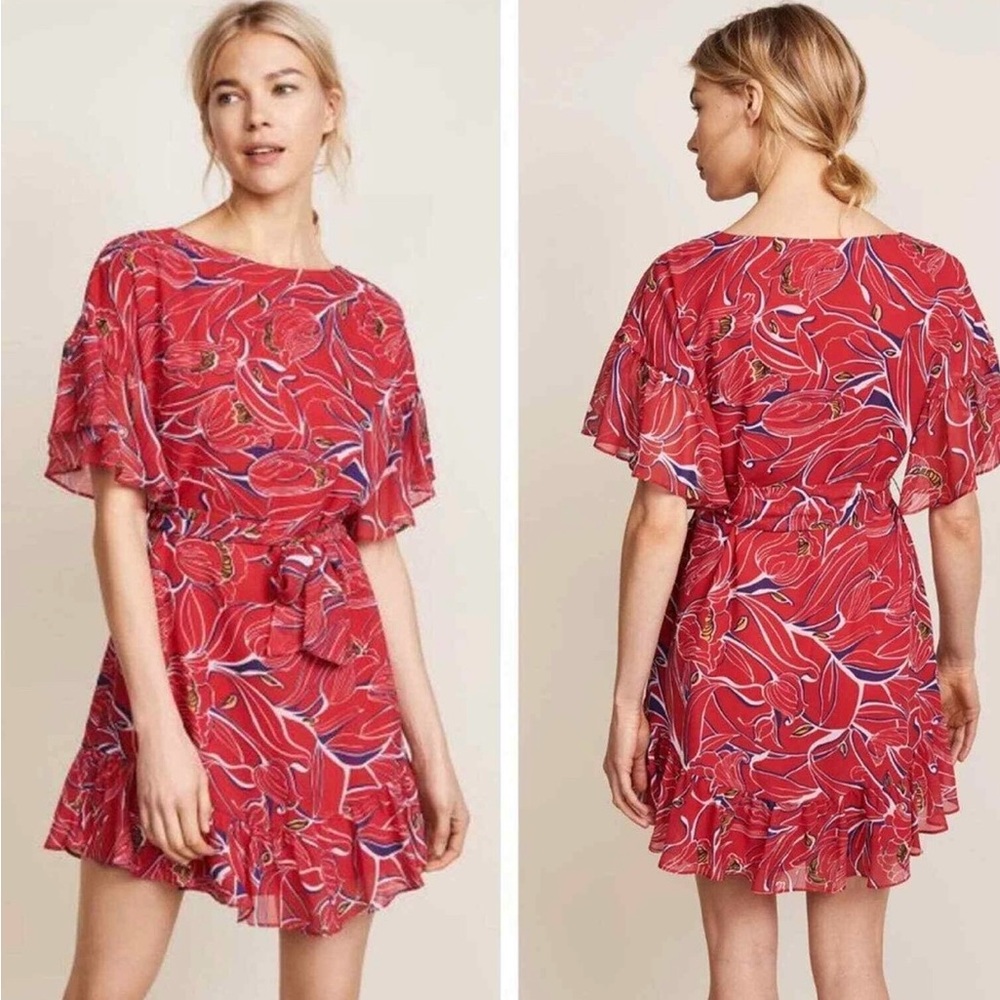 Amanda Uprichard‎ Fairview Red Floral Print Flutter Sleeve Mini Dress Size Small
